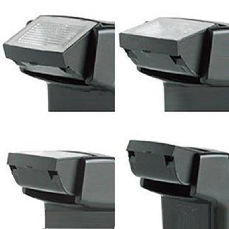 Compact silver hot shoe camera flash unit with head tilted upwards, shown on a camera.