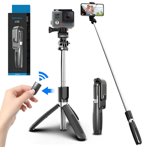 Black and white Bluetooth selfie stick with wireless remote, shown extended and with tripod base.