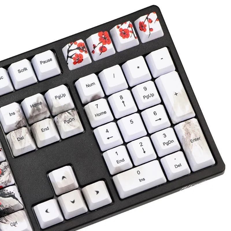 PBT Wangjiang plum blossom themed 109-key keycap set for mechanical keyboards, showing Korean and Japanese legends.