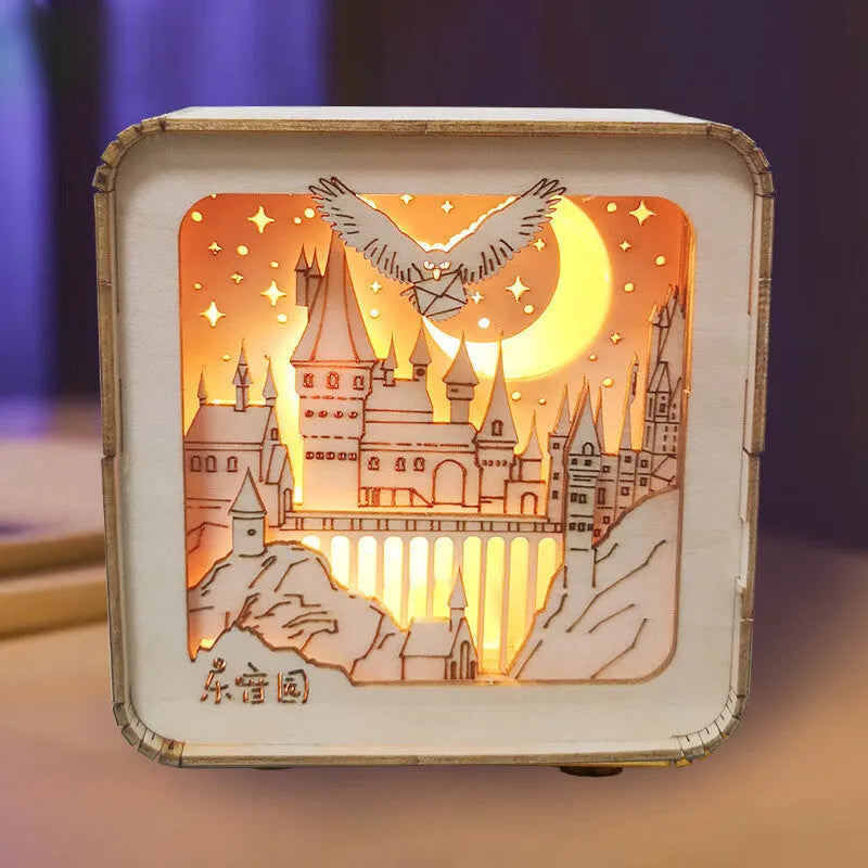 3D wooden puzzle night lamp assembled as a small ornament with train station design on a desk