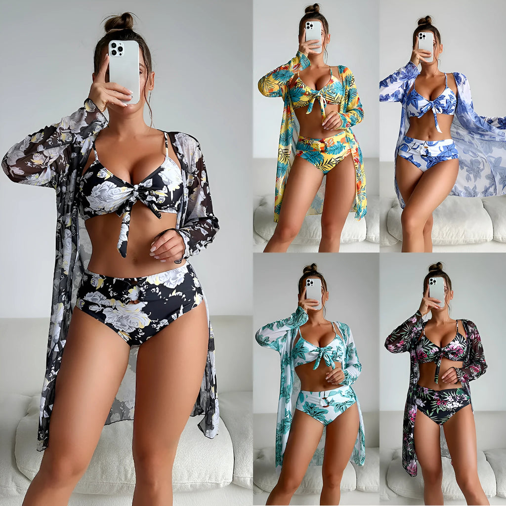 Three-piece printed polyester women's bikini swimsuit set in pattern 2, tight fit, high elasticity, sizes S to XL