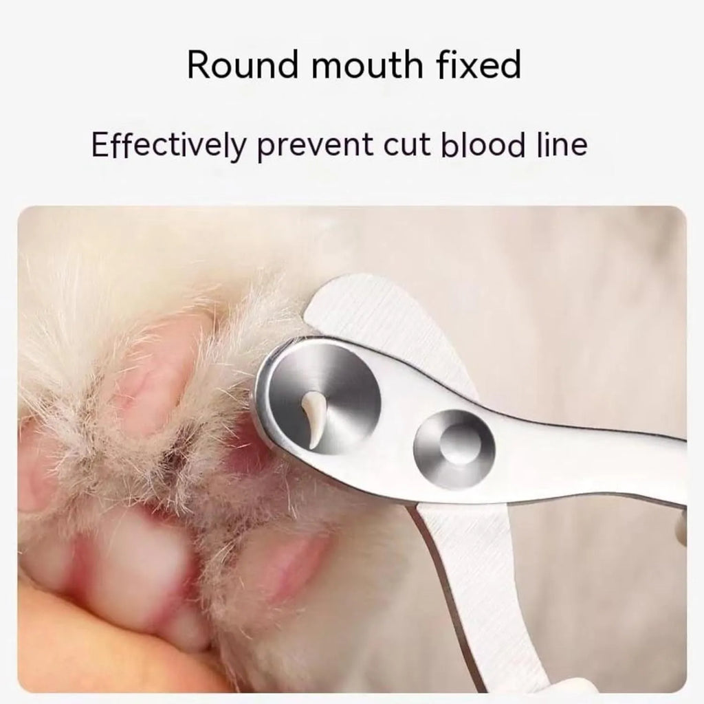 Blue pet nail clippers with circular cut hole and non-slip handles on a white background.