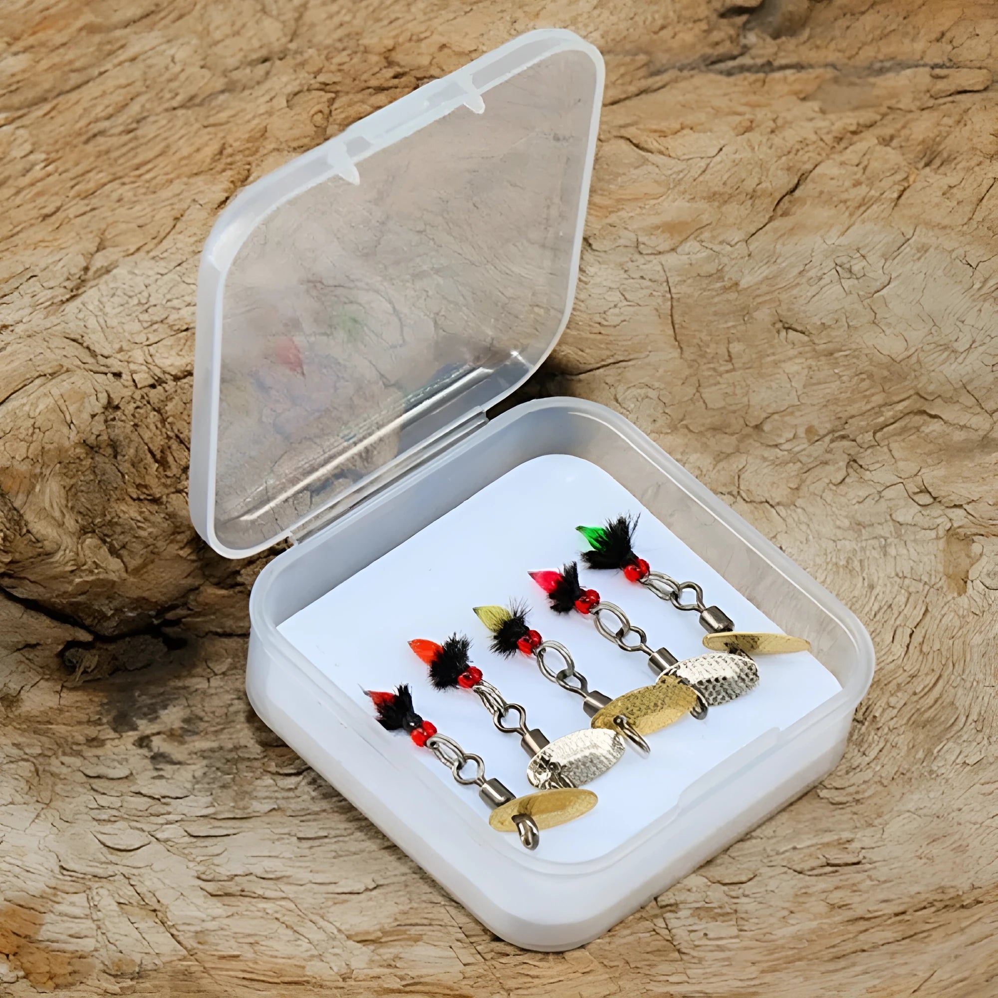 Five bionic poisonous mosquito fishing hooks with spinning sequins in multicolour patterns