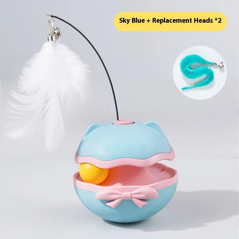 Electric self-righting cat teaser tumbler toy in lemon yellow, sky blue, and soft fog grey on a hardwood floor.