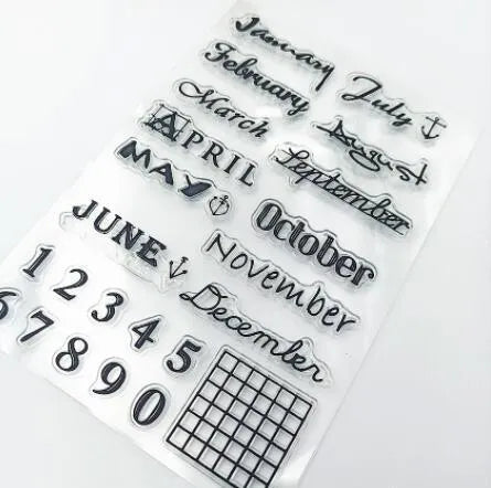 Transparent silicone rubber stamp with a raised vintage digital table clock design.
