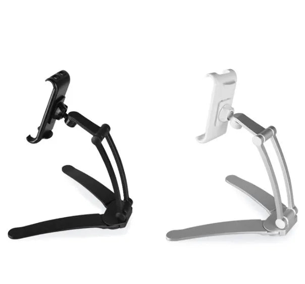 Silver aluminium alloy desktop tablet stand with adjustable black clips, holding a tablet.