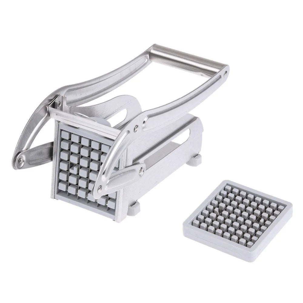 Potato chopper gadget with two stainless steel blades and a non-slip rubber foot on the base.