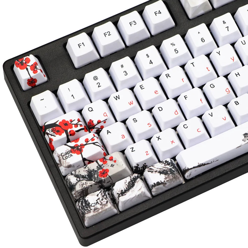 PBT Wangjiang plum blossom themed 109-key keycap set for mechanical keyboards, showing Korean and Japanese legends.