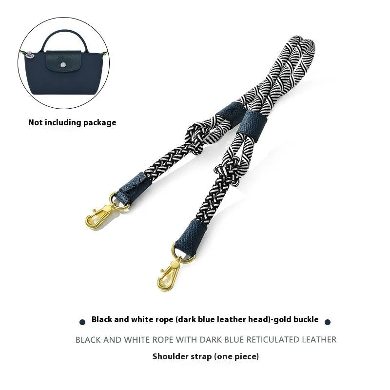 Braided nylon rope shoulder strap with cowhide leather accents and an alloy buckle.