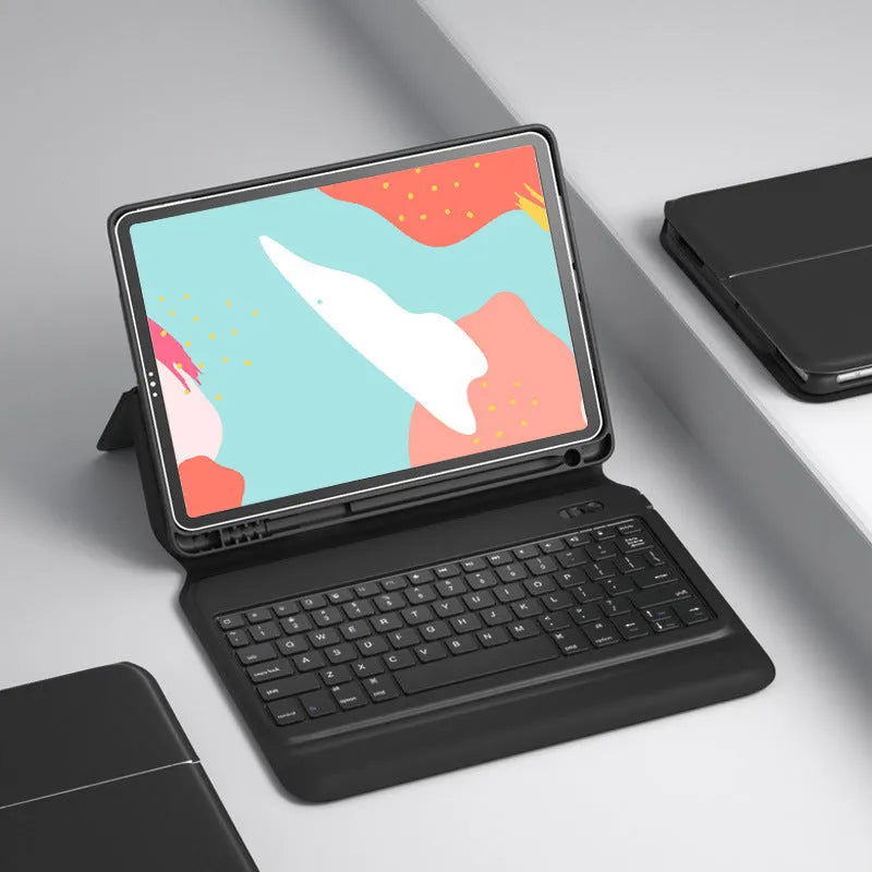 Ultra-thin black wireless Bluetooth keyboard case for iPad, flip style with imitation leather cover and integrated keyboard