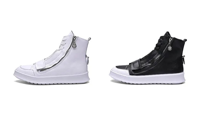 Men's black and white PU leather ankle boots in high-top sneaker style for winter.