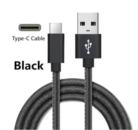 Cowboy style braided type-c charging cable with aluminium connectors in black, blue, and red colour options.