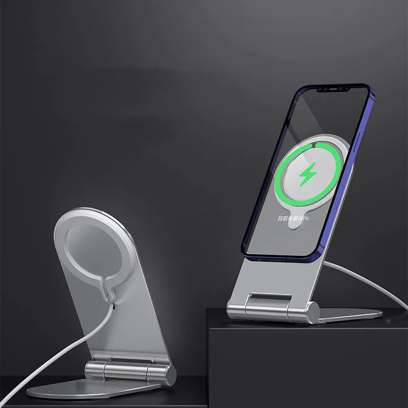 Silver adjustable magnetic phone bracket for iPhone 12 shown in a compact, portable design.