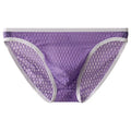 Men's low waist transparent visual lace underwear in multiple colours on a size chart