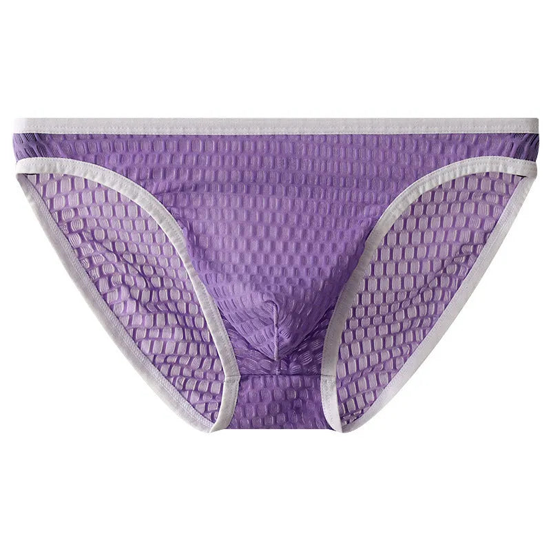 Men's low waist transparent visual lace underwear in multiple colours on a size chart