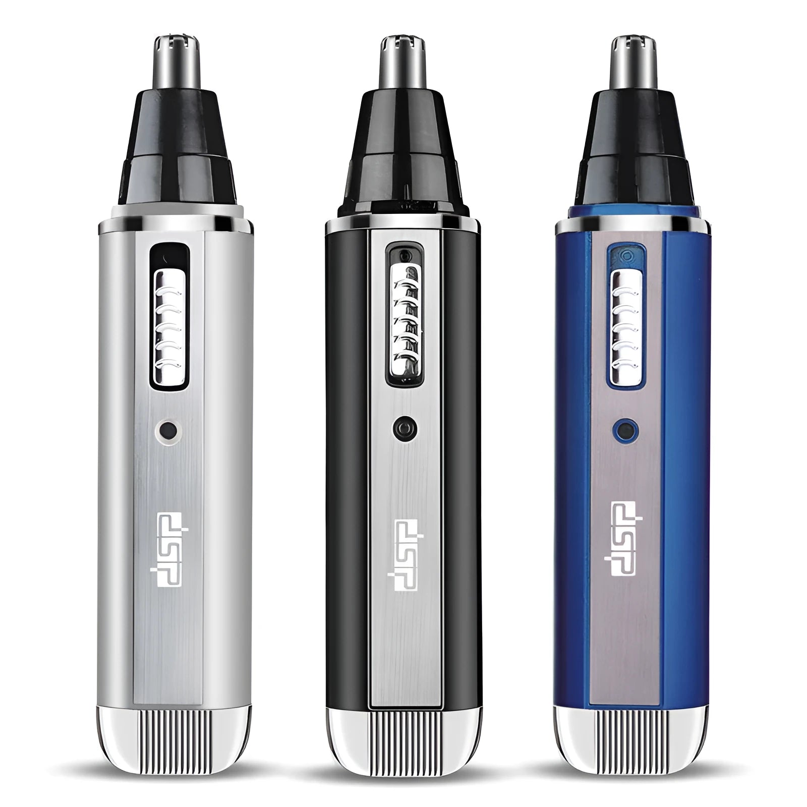 A blue, black, or silver coloured electric shaver and multi-trimmer for facial hair, sideburns, and nose hair.