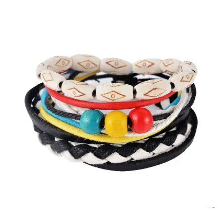 Handmade adjustable leather bead bracelet with multilayer design featuring cowhide leather, wooden beads, and woven ropes