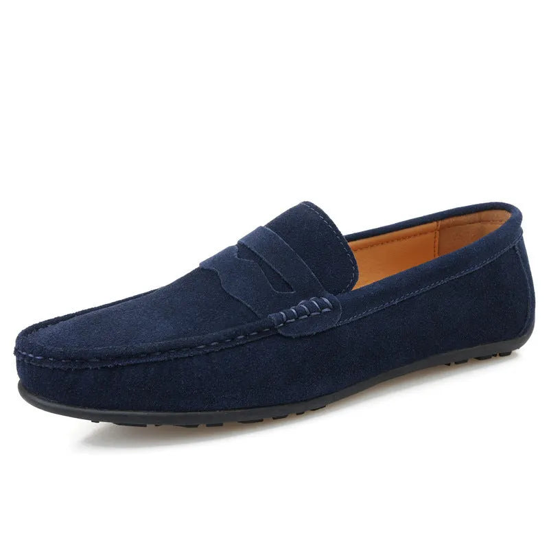 Men's solid colour suede slip-on loafers with round toe and flat rubber sole