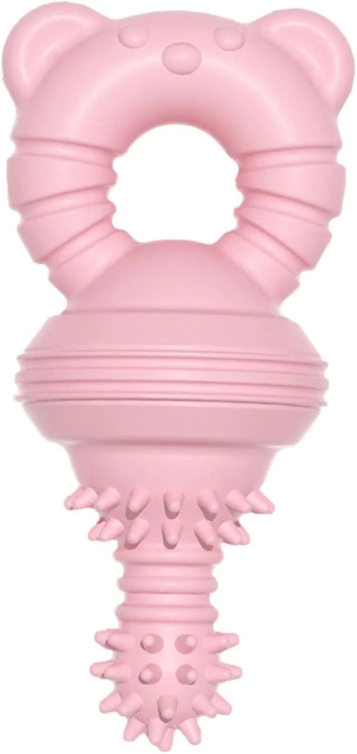 Blue rubber dog chew toy with concave-convex texture and a bell, for aggressive chewers and teeth cleaning.