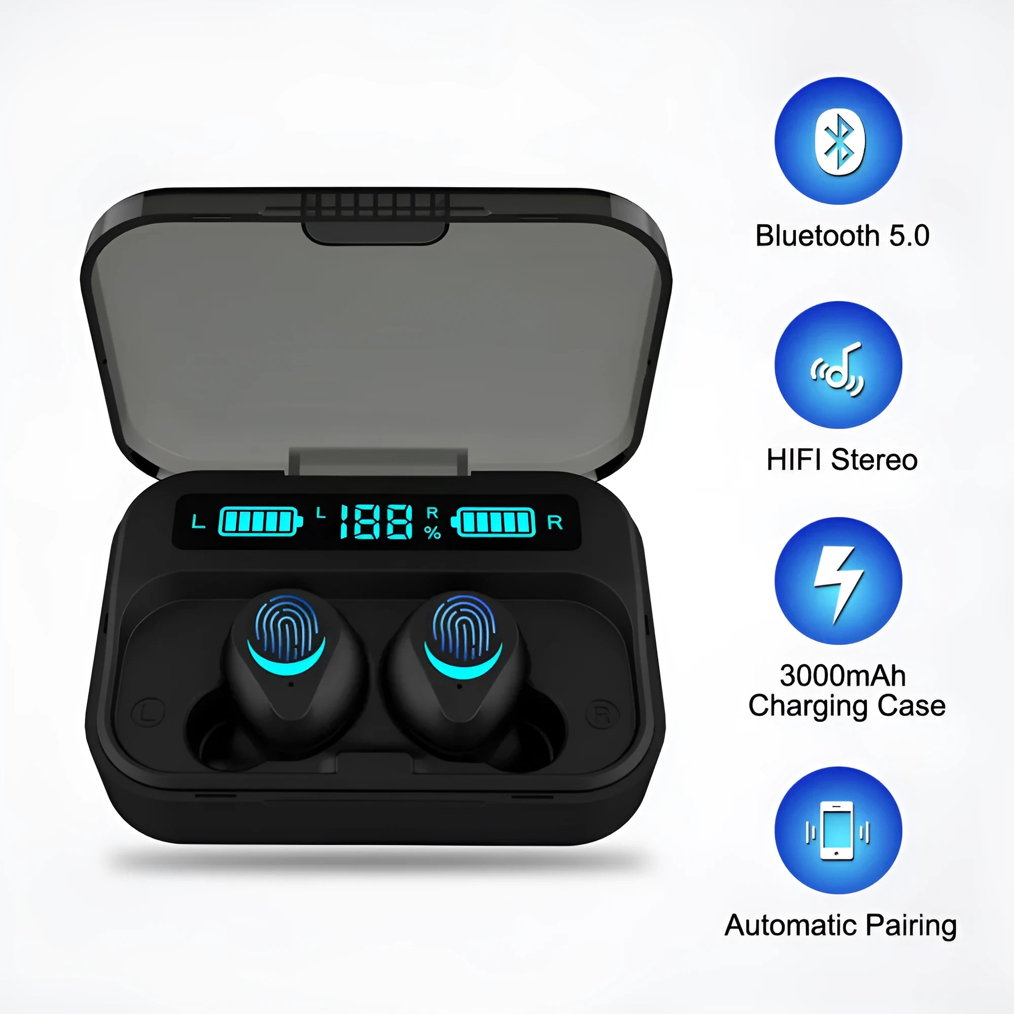 Black TWS Bluetooth wireless earbuds with in-ear design