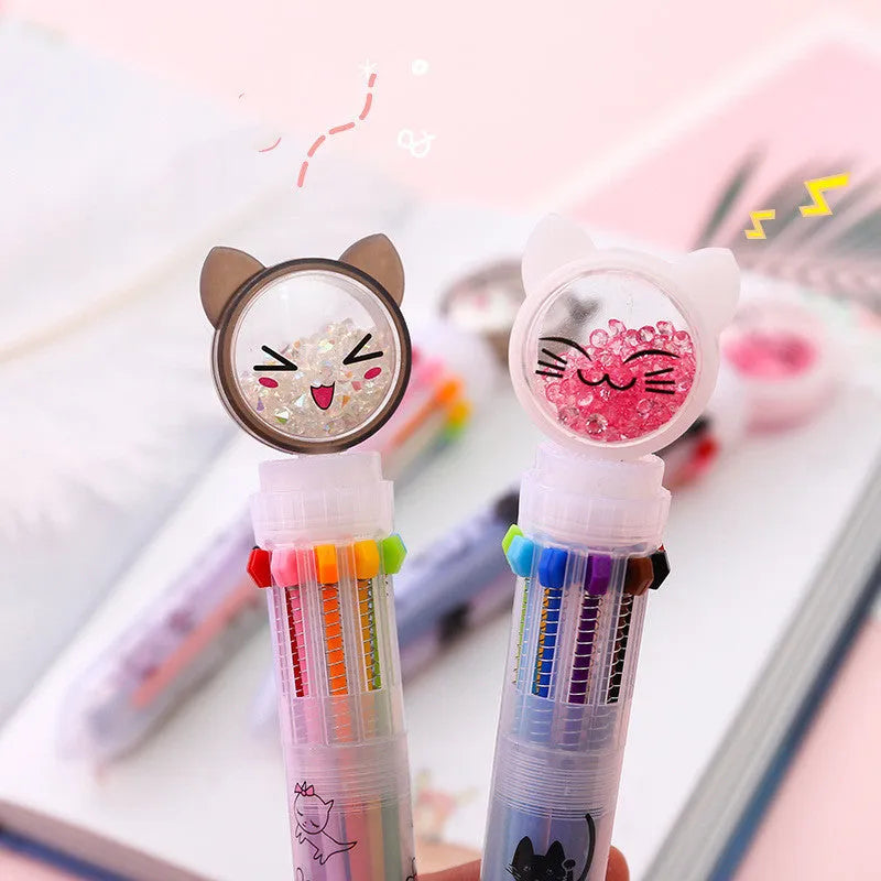 Cute cat design ten-colour 0.5mm push-type mechanical pencil, 15cm length.