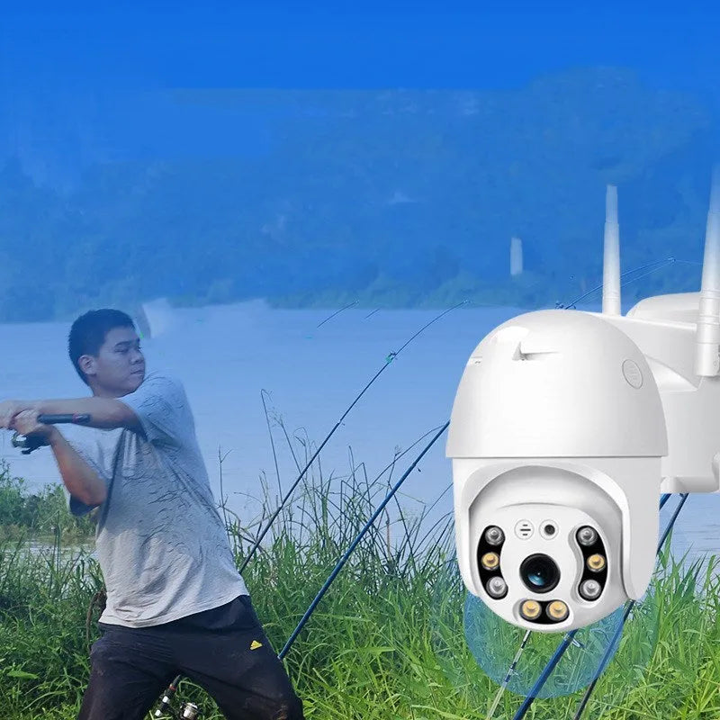 White hemispherical 4G remote monitor camera with 1080p 2MP sensor, 3.6mm lens, 32GB card and power supply