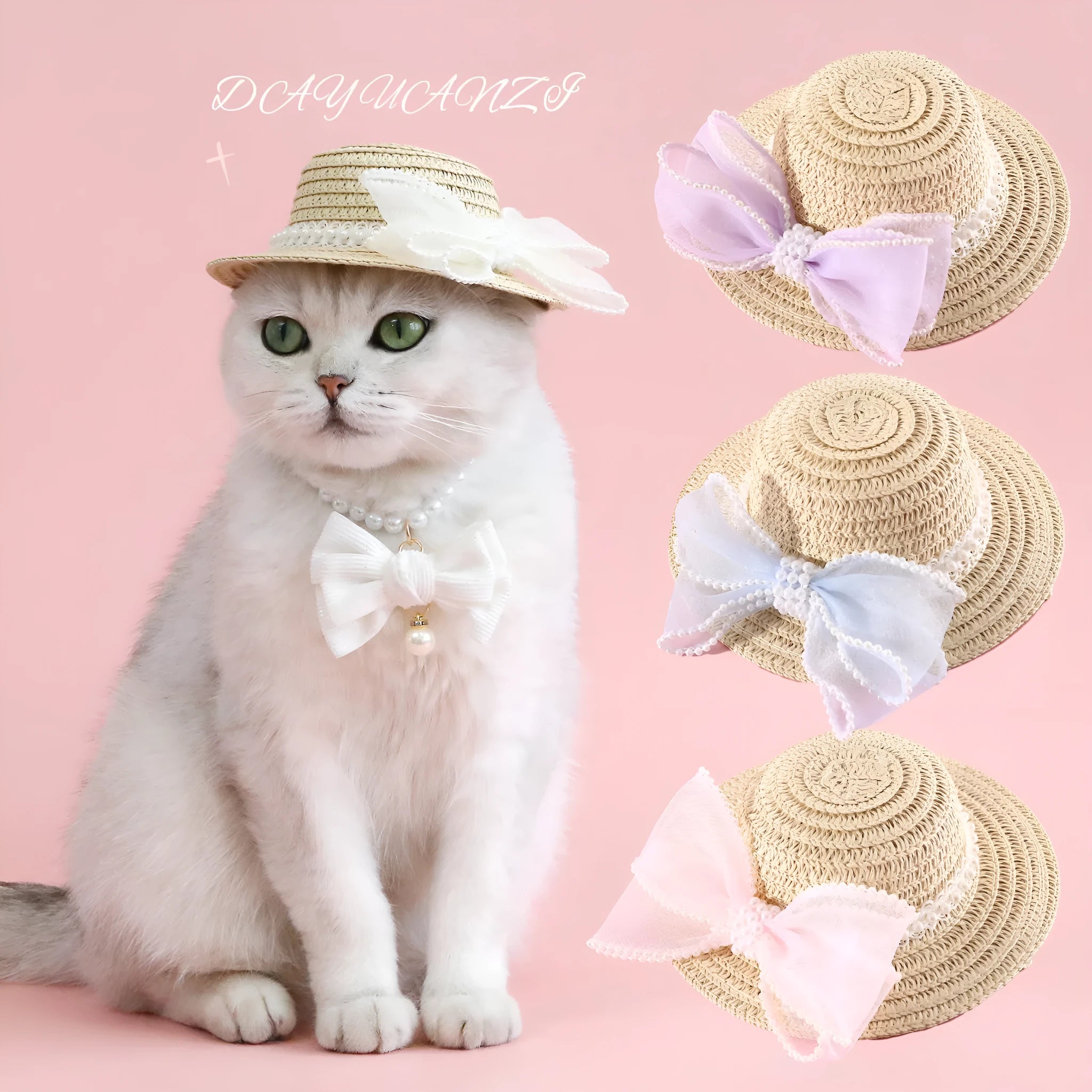 Princess-style woven cat hat with pearl butterfly bow in blue, pink, purple, or white on Lafite leaves.