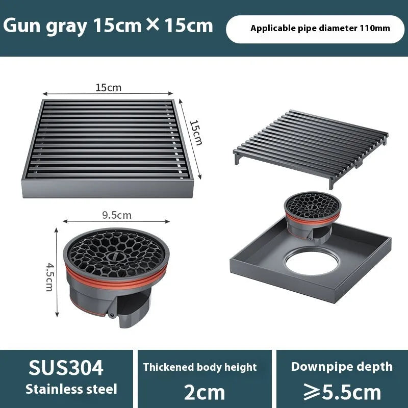 Gun grey 304 stainless steel courtyard floor drain with a 15x15cm grating.