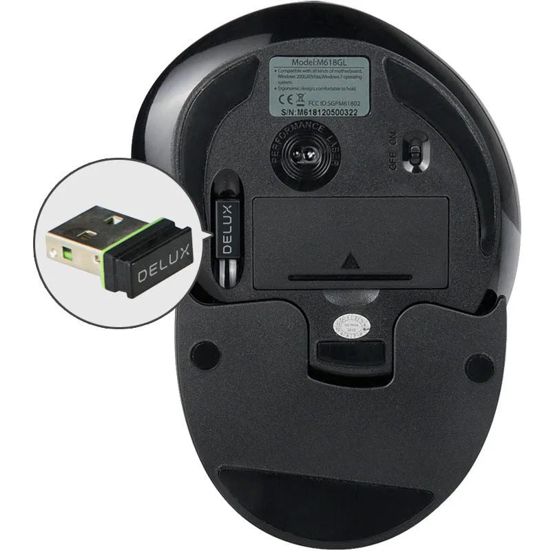 Black M618 wireless vertical ergonomic mouse on a desk, showing its 57-degree angled design and contoured right-hand shape.
