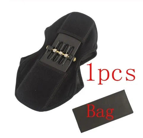 Adjustable spring knee brace support for mountaineering and sports, shown in black with breathable fabric.