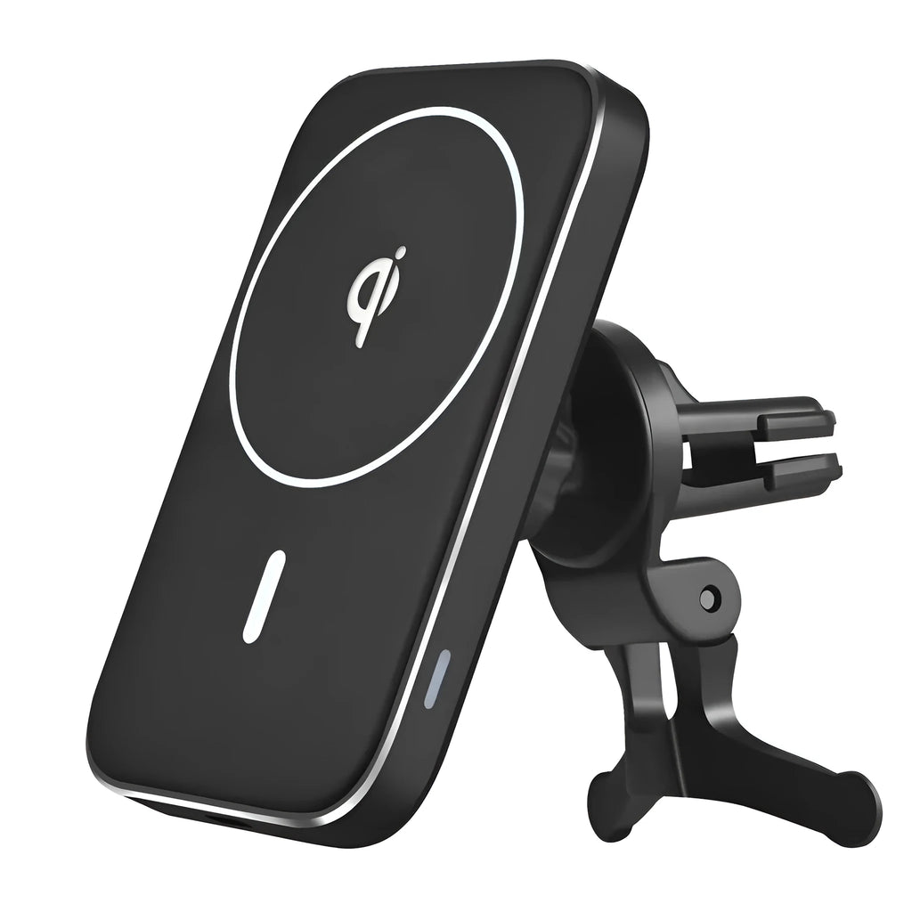 Black M6 magnetic wireless car charger bracket mounted on dashboard with phone attached