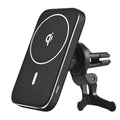 Black M6 magnetic wireless car charger bracket mounted on dashboard with phone attached