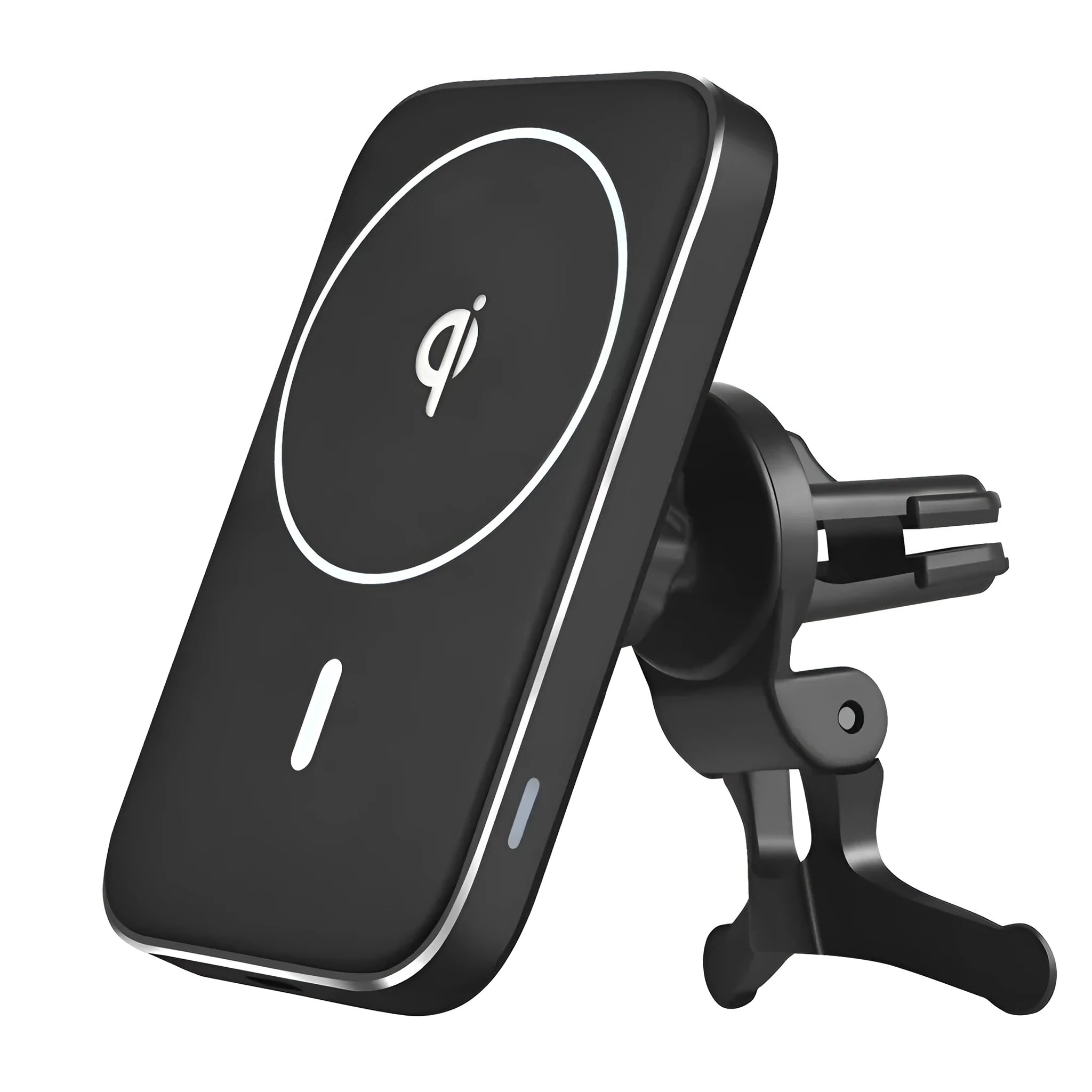 Black M6 magnetic wireless car charger bracket mounted on dashboard with phone attached