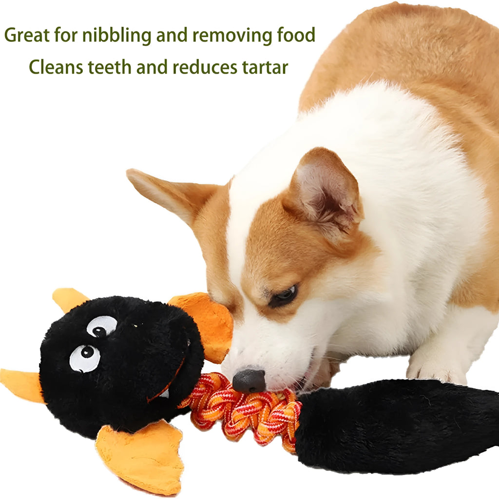 Soft rabbit fleece plush dog toy with a rope knot, in red, green, or black, shown with a dog.