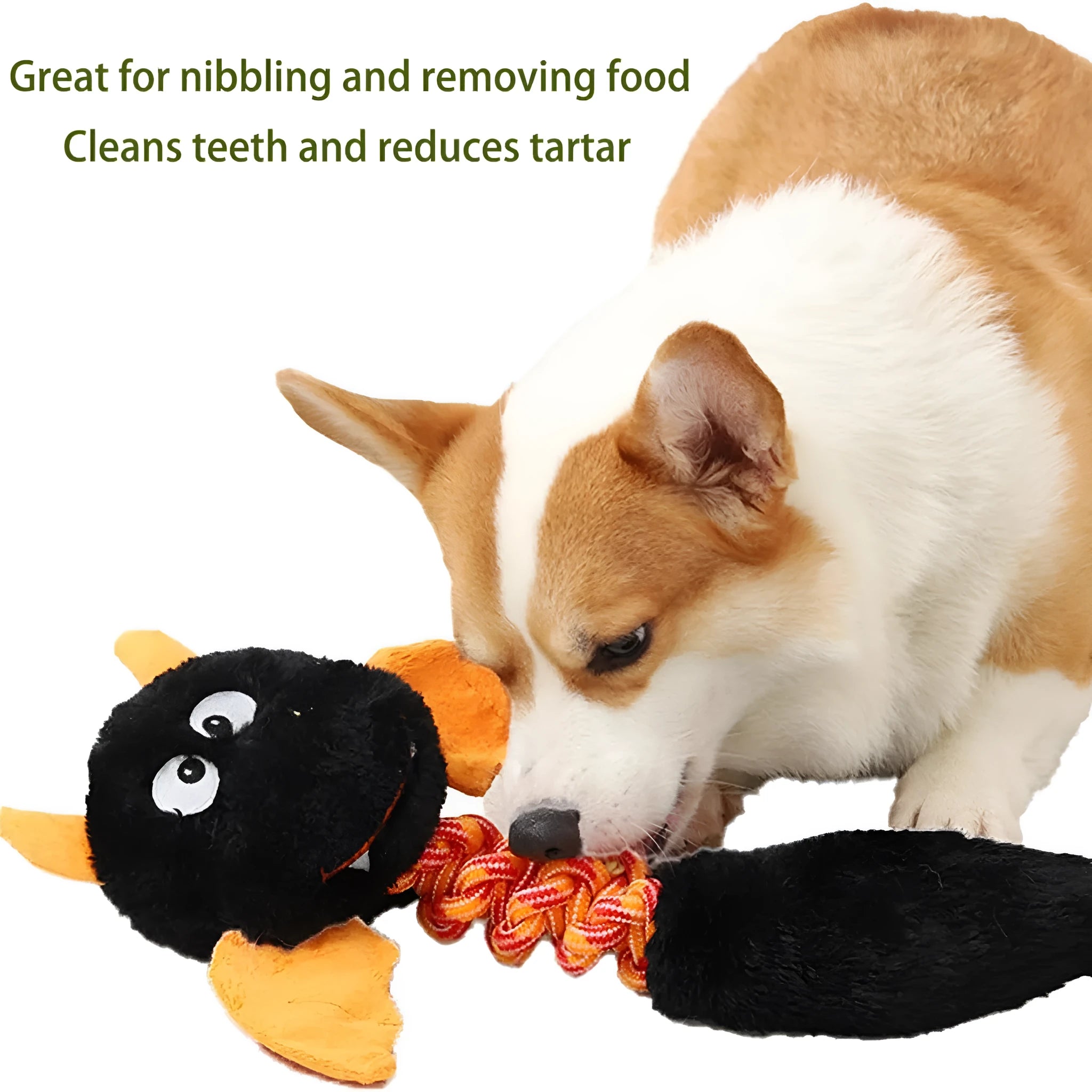 Soft rabbit fleece plush dog toy with a rope knot, in red, green, or black, shown with a dog.