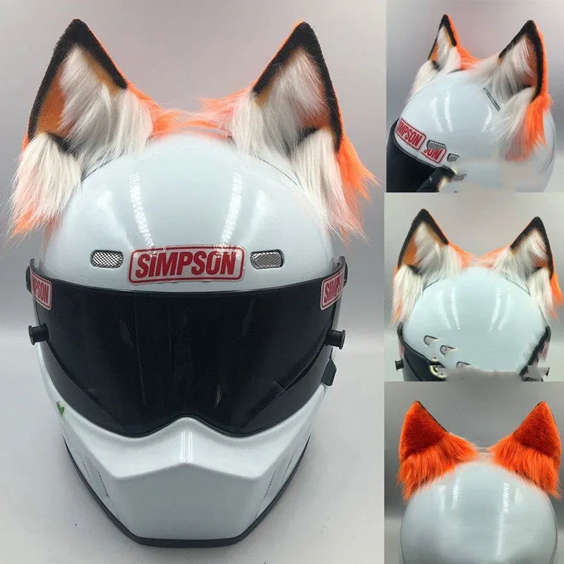 Set of detachable animal ears and tail ornament for motorcycle helmet, shown in black and white wolf design.