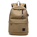 Canvas backpack with external USB charging port showing coffee colour option with multiple compartments.