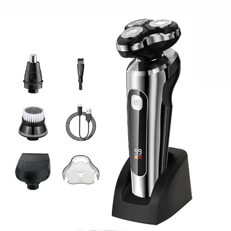 USB rechargeable beard trimmer with digital display and washable floating head on a stand.