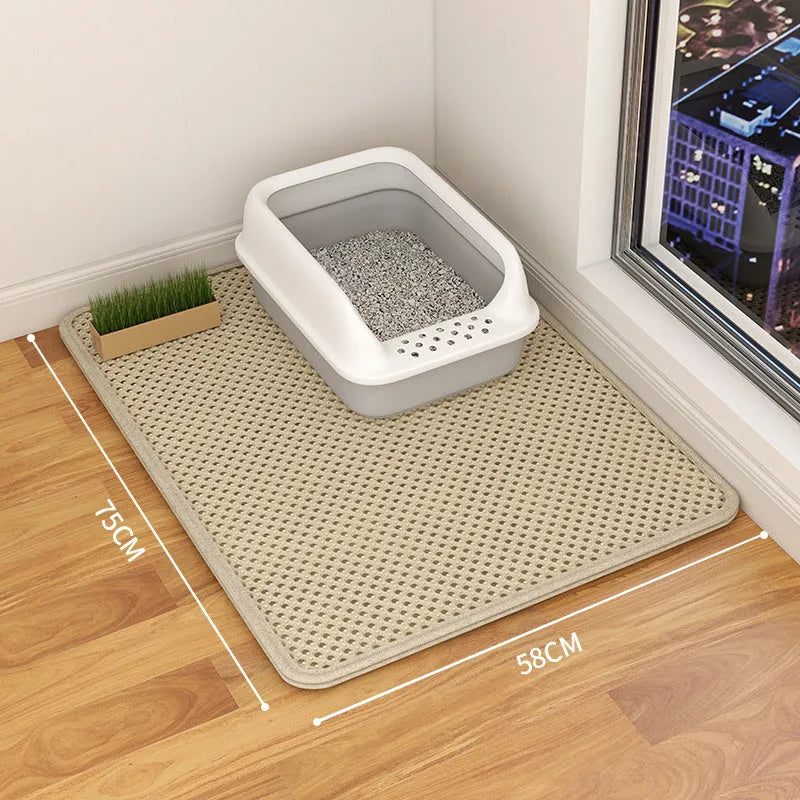 Double layer cat litter mat with waterproof backing in beige colour showing urine trap design