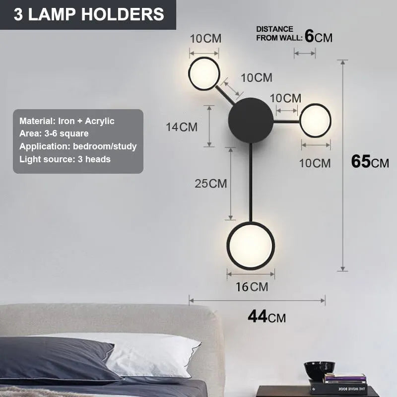 Contracted 6-head wall lamp in black finish, 54W, 96.5cm length, iron and acrylic