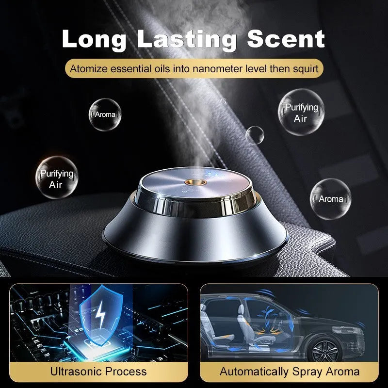 Intelligent black metal Butterfly design car aromatherapy air purifier with USB cable and essential oil bottle.
