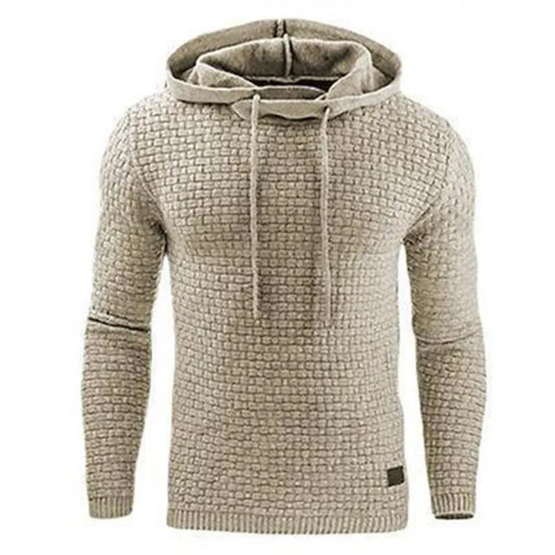 A men's hoodie sweater in a cotton and polyester blend, shown in one of nine available colours.
