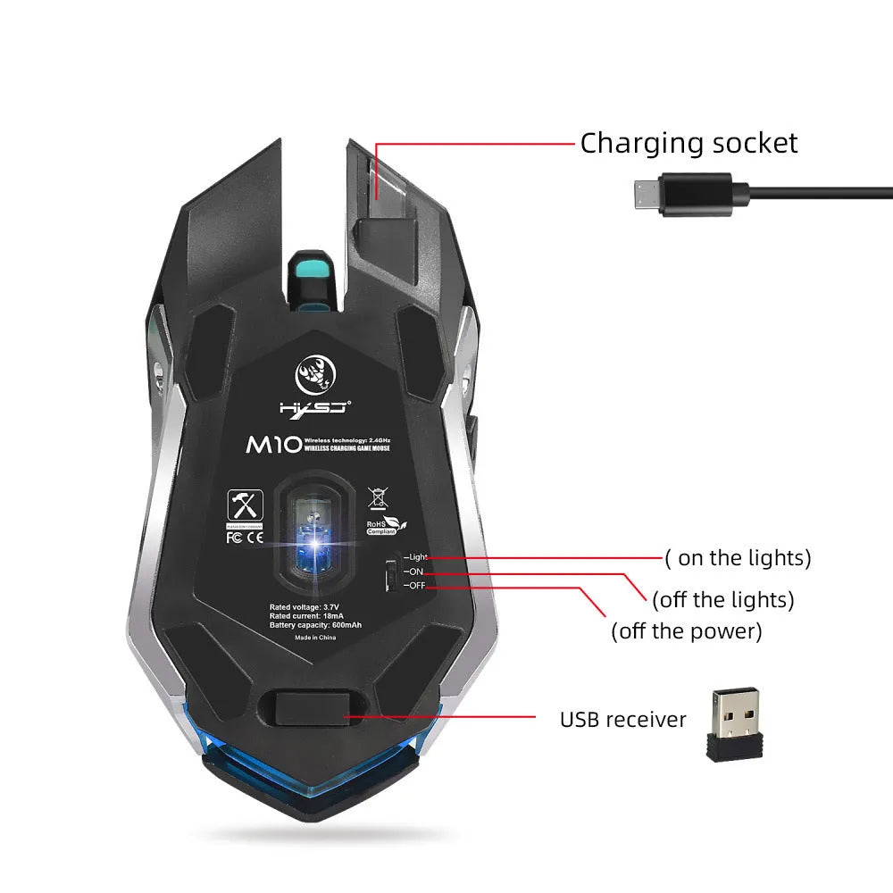 HXSJ black wireless gaming mouse with glowing LED lights and ergonomic shape for desktop use