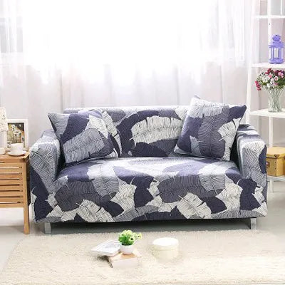 Geometric patterned stretch sofa slipcover fitted on a three-seater sofa