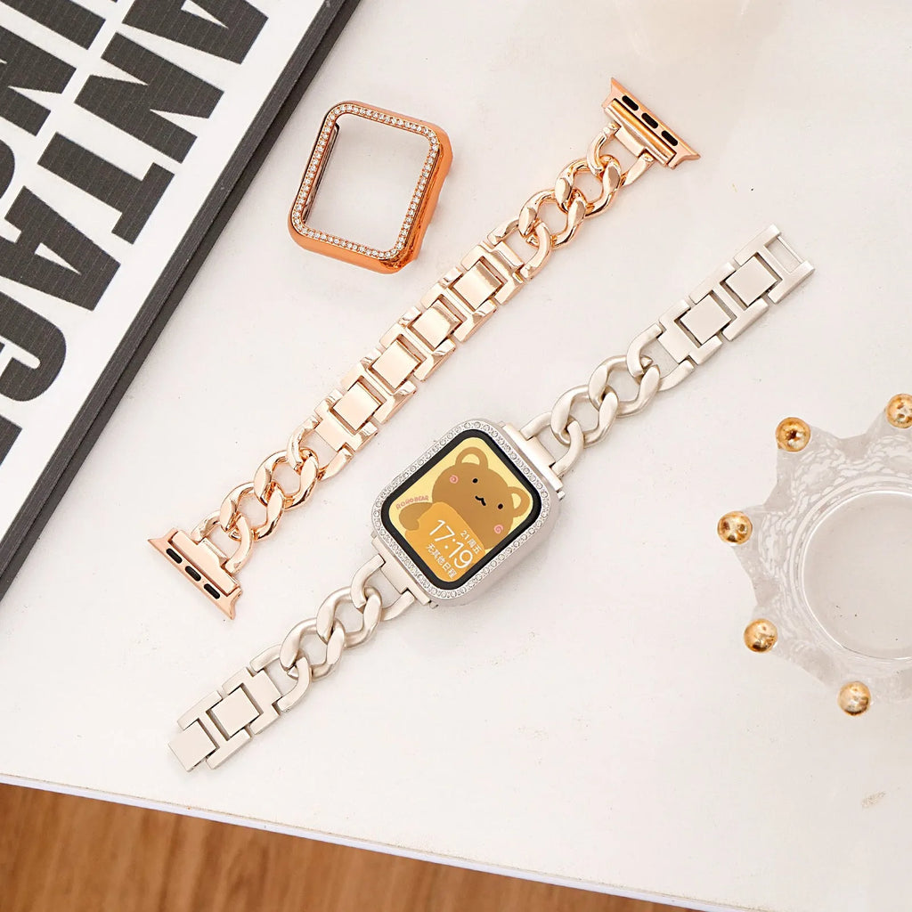 Denim chain metal watch strap for Apple Watch in silver, black, gold, rose gold, or Starlight colour.