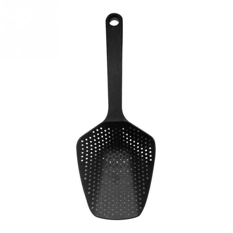 Nylon large scoop strainer colander in black for draining fried food from a pan