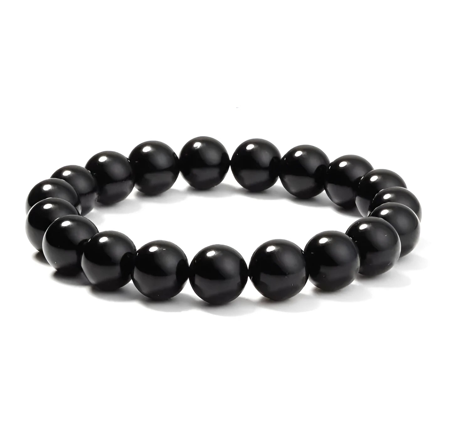 Geometric black onyx stretch bracelet with 8mm agate beads on an elastic cord.
