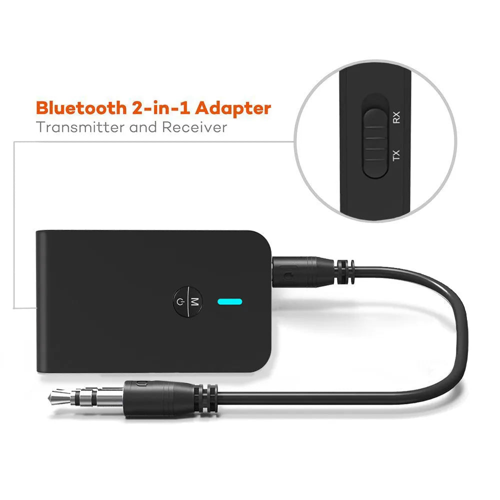 Black Bluetooth 5.0 audio adapter with 3.5mm AUX plug and external power supply cable.