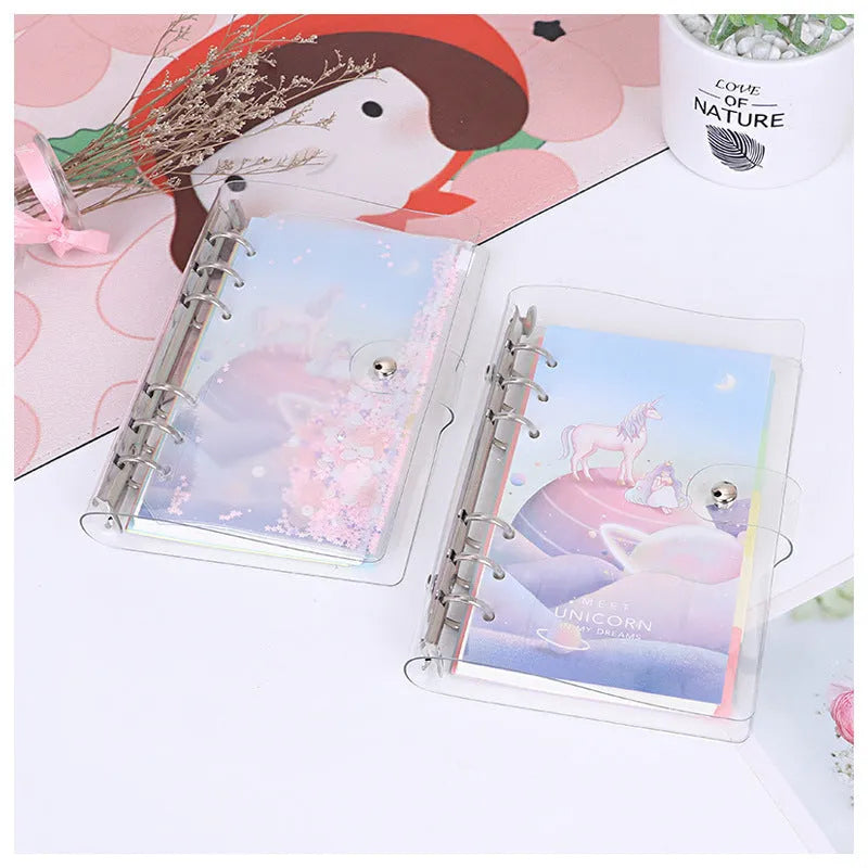 Metal binder shell loose leaf notebook with PVC cover in Alice Castle colour, showing Daolin paper and pull side bag.