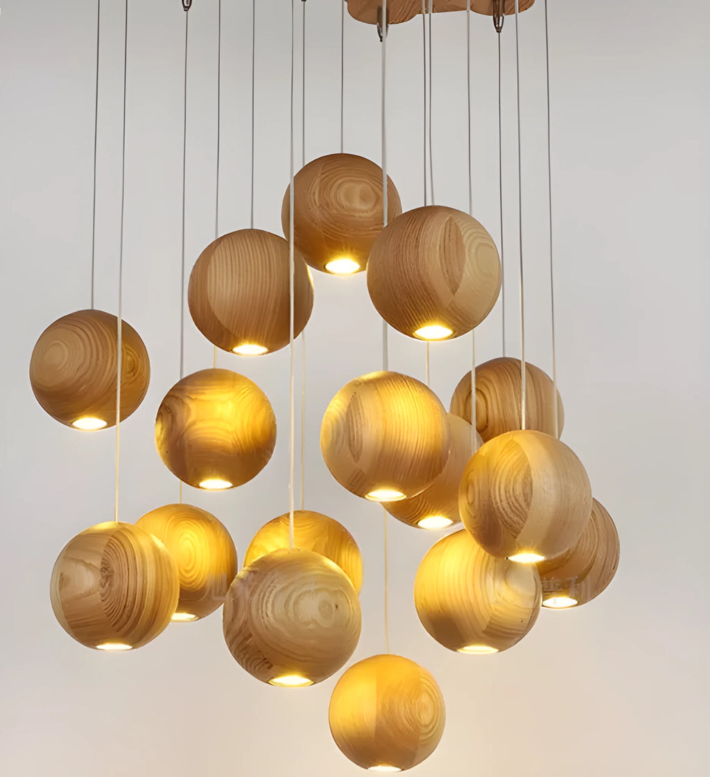 Nordic style wooden ball chandelier pendant light with adjustable cord